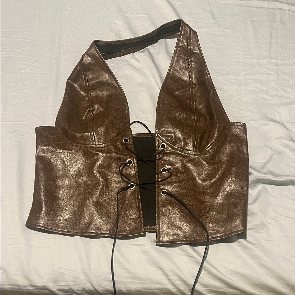Brown Faux Leather Lace-Up Halter Top